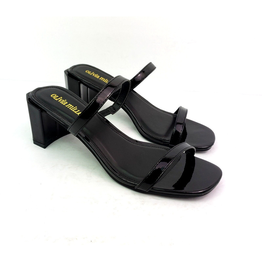 Olivia Miller Omra Womens Size 8 Black Patent Slip On 2.5" Heels Sandals Shoes